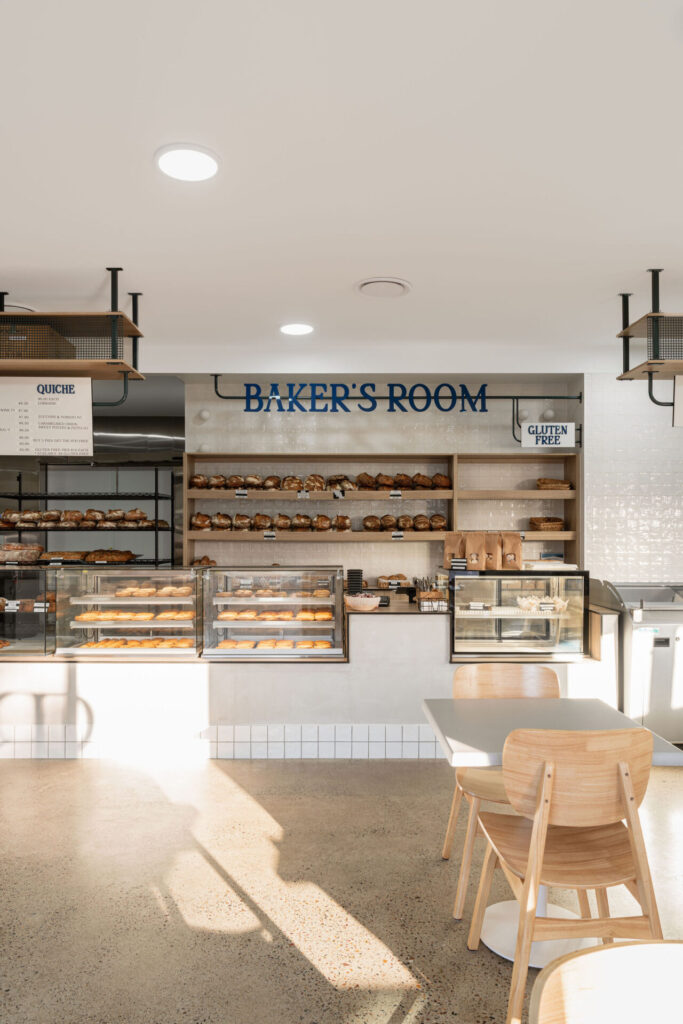 Coastal charm and industrial chic, custom joinery and signage and separate gluten free area for this hospitality fit out for The Bakers Room, Total Fitouts Wide Bay